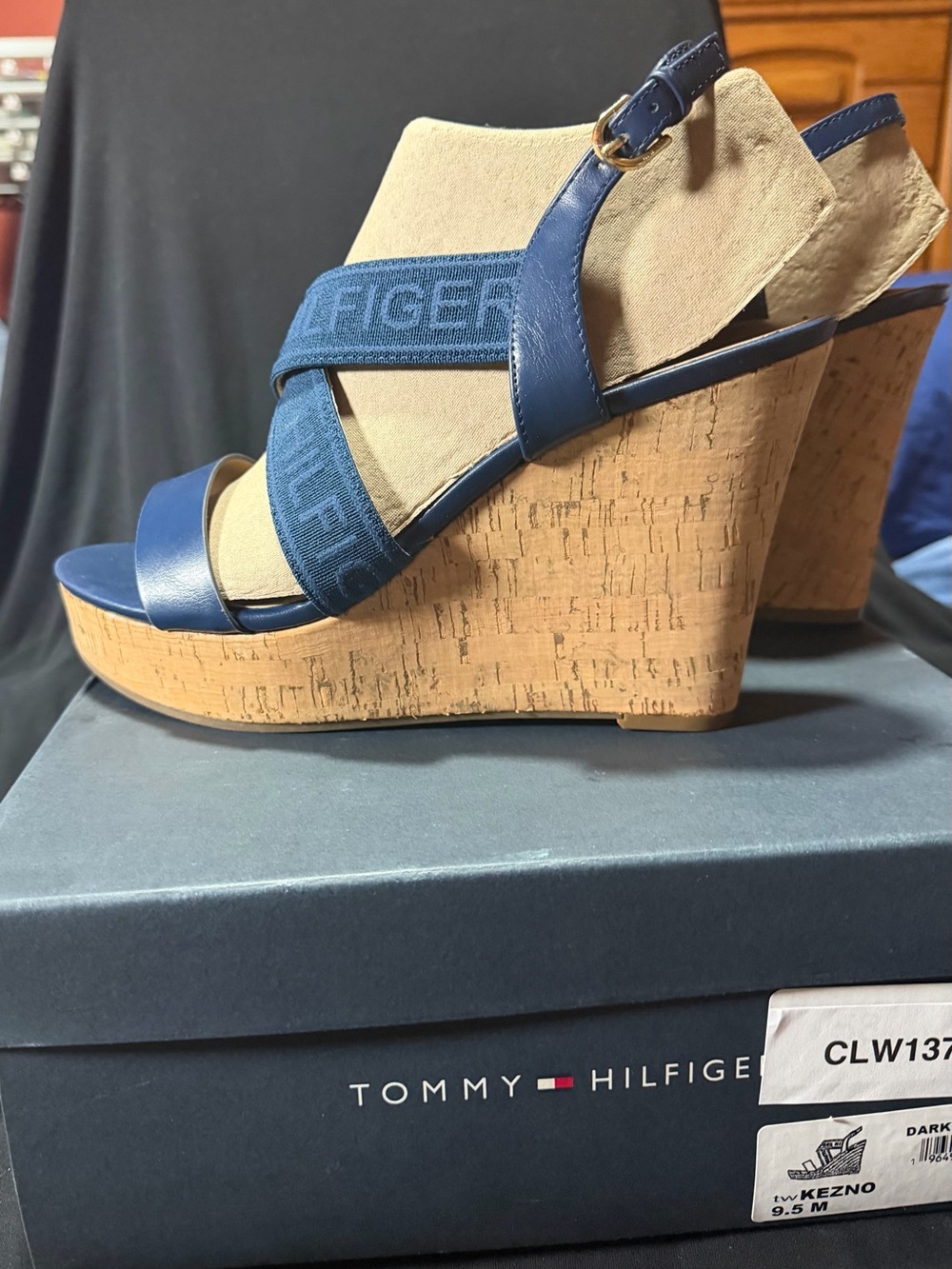 Tommy Hilfiger Navy Cork Platform Wedge Sandals